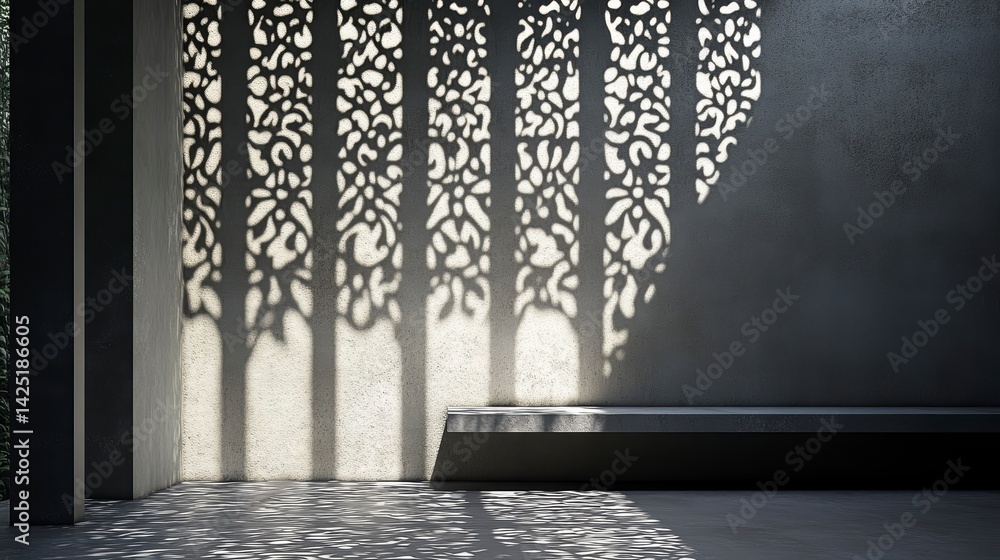 Leinwandbilder intricate shadow patterns cast by a decorative screen on a modern concrete wall with a bench.