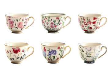 Six exquisite floral teacups a delightful collection showcasing vibrant pink purple and red blooms on elegant creamy porcelain gold rimmed on transparent background