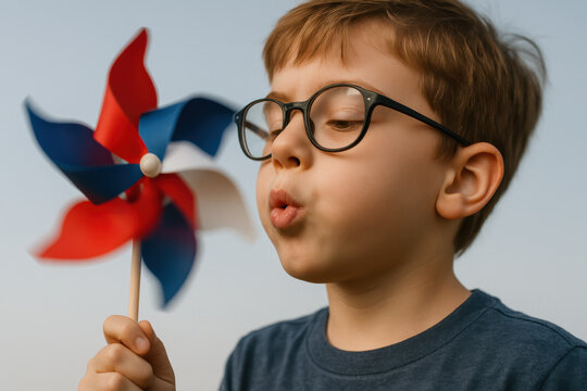 Boy with glasses blowing red and blue pinwheel outdoors