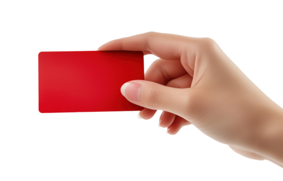 Hand with blank red gift card isolated on a transparent background - Powered by Adobe