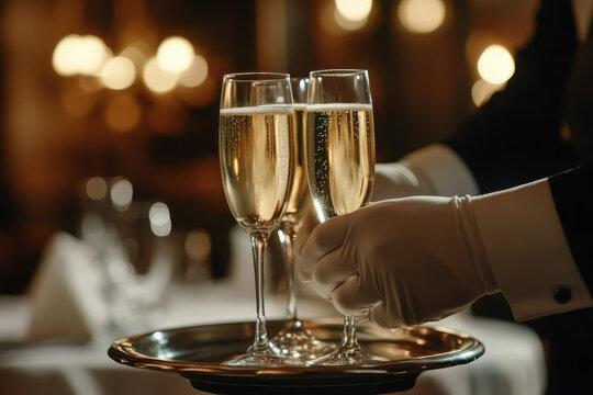 Close-up of a waiter offering glasses of champagne to guests on a tray in a luxury bar or wedding reception