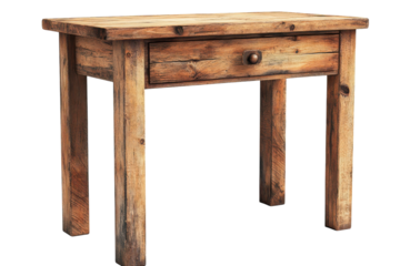 Rustic reclaimed wood end table with single drawer showcasing weathered texture and simple on transparent background