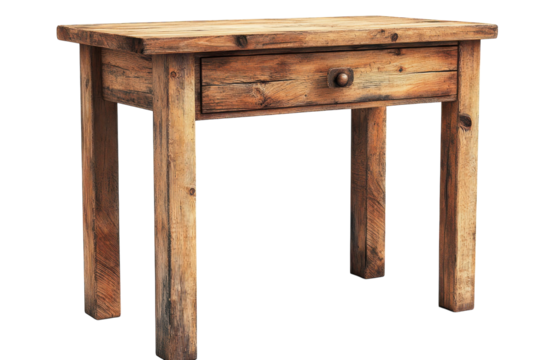 Rustic reclaimed wood end table with single drawer showcasing weathered texture and simple on transparent background
