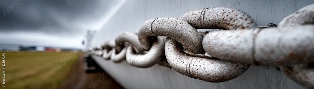Poster a close-up view of a weathered chain against a cloudy backdrop, highlighting texture and industrial 