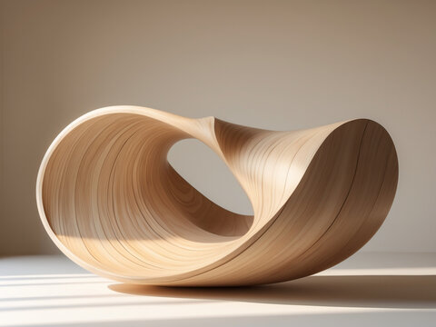 Modern, abstract wooden lounge chair with a flowing, sculptural design. Features smooth curves and a light wood finish.