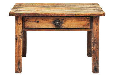 Rustic Antique Wooden Table with Single Drawer Rich Brown Tones and Patina Isolated on Black on transparent background