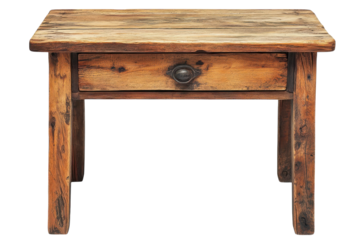 Rustic Antique Wooden Table with Single Drawer Rich Brown Tones and Patina Isolated on Black on transparent background