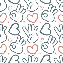 Obraz premium Vector seamless pattern with hand drawn hearts, icons, and handprints in vibrant color