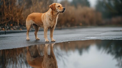 Golden Dog Reflection in Puddle