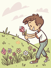 Boy Picking Flowers in a Field: Cartoon Illustration of Child Collecting Blossoms, Smiling, Springtime Nature Scene, Cute