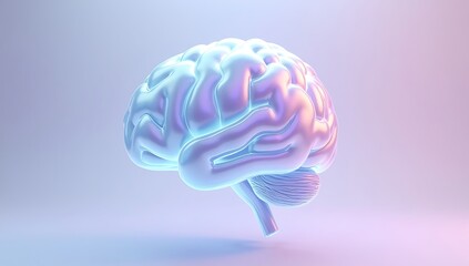 Floating 3D Human Brain Model in Gentle Lavender and Mint Hues on a Solid Light Background, Symbolizing Creativity and Mental Health Awareness