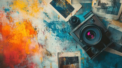 Vintage Camera and Photographs on a Painted Surface