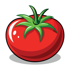 Tomato vector illustration showing a fresh red tomato with green leaves isolated on a white background
