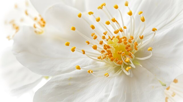 A luminous close-up of a white mock-orange blossom, highlighting its delicate petals and bright yellow-orange stamens.