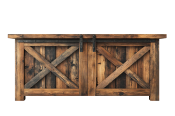 Rustic Reclaimed Wood Barn Door Media Console rich brown tones dark metal accents black on transparent background