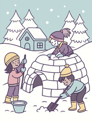 Children Building Igloo in Winter Wonderland: Cartoon Illustration of Kids Playing in Snow, Snowy Scene, Cozy House