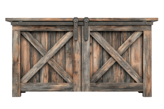 Rustic wooden barn door cabinet with sliding metal track distressed wood texture aged finish on transparent background