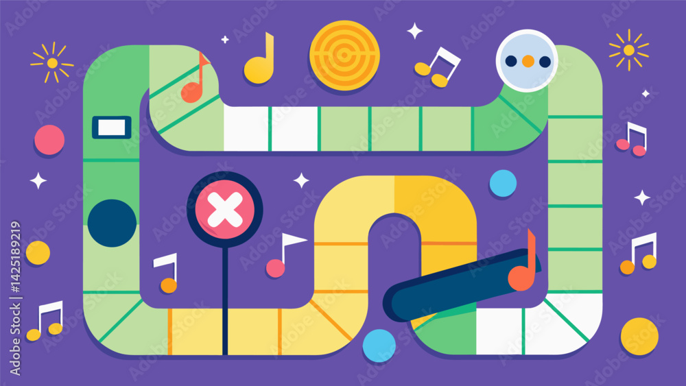 Poster a musicthemed game board design with each track represented as a space for users to land on and chec