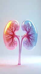 3D Illustration of Transparent Human Kidneys with Soft Rainbow Reflections, Floating in Minimalistic Medical Scene