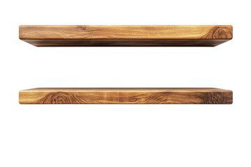 Obraz premium Two rustic wooden shelves isolated on black background showcasing rich wood grain texture ideal for product display or design mockups with on transparent background