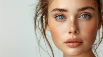 Fototapeta premium Young Woman's Face Close-Up with Freckles and Blue Eyes