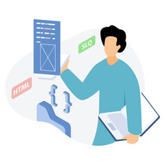 Front End Web Development Illustrator working on HTML, CSS code on a desktop. Atmosphere is focused, creative. Perfect for web design, coding tutorials.