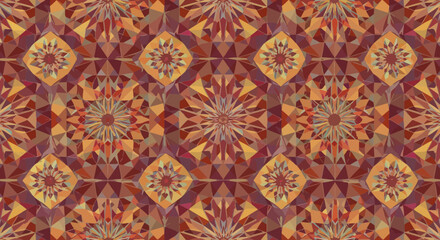 Geometric mosaic of earth tones floral and radial patterns