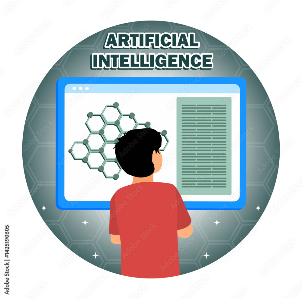 Poster artificial intelligence. man interacting with artificial intelligence interface and scientific data 