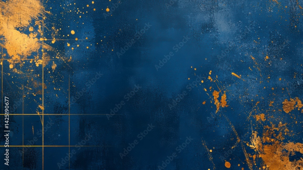 Poster abstract blue and gold textured background with splatters and grid overlay.
