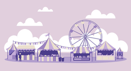 Festival tents and Ferris wheel against a purple sky  