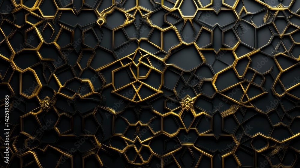 Poster abstract gold and black geometric pattern, intricate network design.