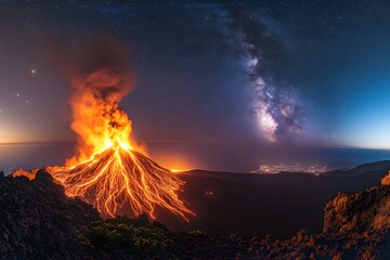 Fototapeta premium Night view of erupting volcano with lava flow and milky way galaxy in the dark sky background