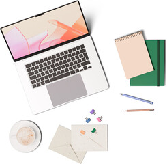 top view of laptop, cup of coffee, notebooks and letters