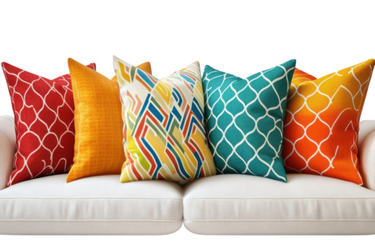 Vibrant throw pillows adding a pop of color to a modern white couch showcasing diverse geometric and abstract patterns in red orange yellow on transparent background