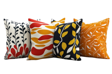 Four stylish throw pillows with vibrant autumnal leaf and floral patterns showcasing a sophisticated modern design aesthetic against a pure on transparent background