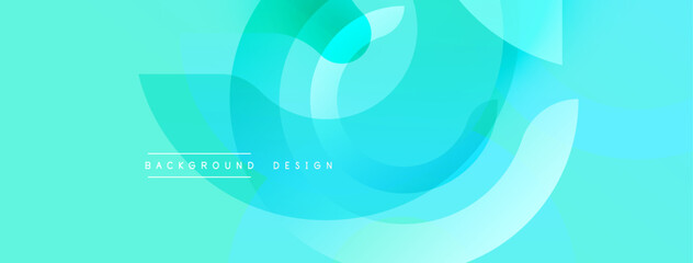 Abstract background features overlapping translucent circles, creating fluid shapes. Cool turquoise hues dominate design, suggesting calm, modern aesthetic. Minimalist composition.
