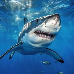 Fototapeta premium Powerful white shark in ocean depths