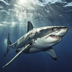 Fototapeta premium Powerful great white shark in ocean depths. Sunlight beams through water