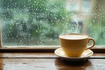 Steaming coffee cup sits on a wet windowsill by a rain-streaked window. Perfect for conveying warmth, comfort, and relaxation on a rainy day.