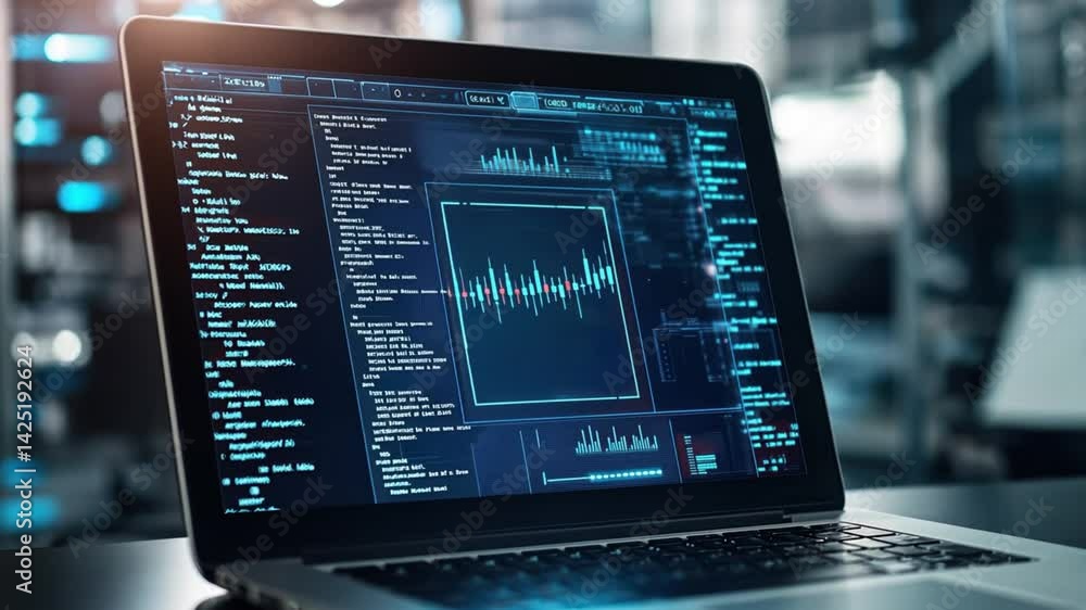 Poster close up of a laptop displaying data analysis software in a modern office