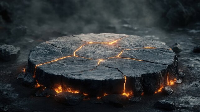 Circular lava podium, radiating cracks, dark smoky background, circular pattern