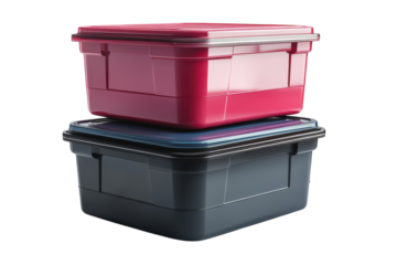 Stacked plastic storage containers a vibrant pink and a sleek dark grey offer practical organization solutions for home or office with on transparent background