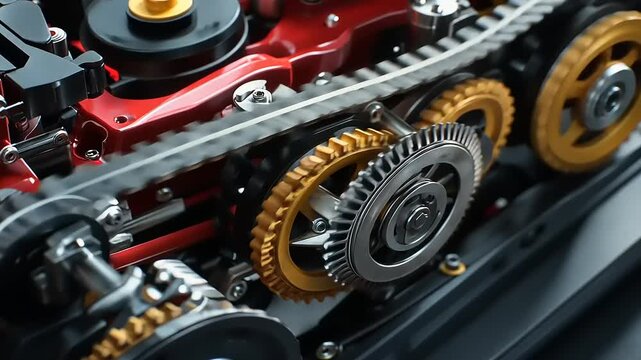 Close-up of intricate engine components showcasing gears and timing belts in a workshop