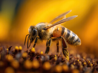 Fototapeta premium honeybee delicately gathers pollen on vibrant sunflower, showcasing its detailed wings and fuzzy body in close up shot. warm colors create lively and natural scene