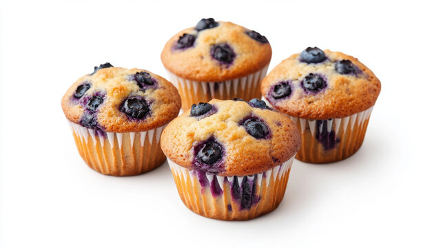 Four freshly baked blueberry muffins with golden tops and juicy blueberries are arranged on white background, creating delicious and inviting appearance