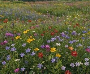 Obraz premium Wildflower profusion, diverse blooms in a lush meadow , photography, pollen, outdoor