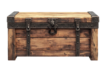A weathered antique wooden chest with sturdy iron bands hinting at untold stories and hidden on transparent background