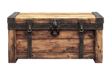 A weathered antique wooden chest with sturdy iron bands hinting at untold stories and hidden on transparent background