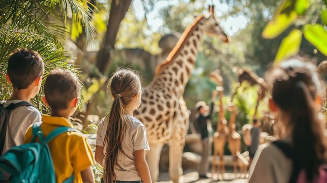 Students Enjoying Educational School Trip to Zoo Watching Giraffe