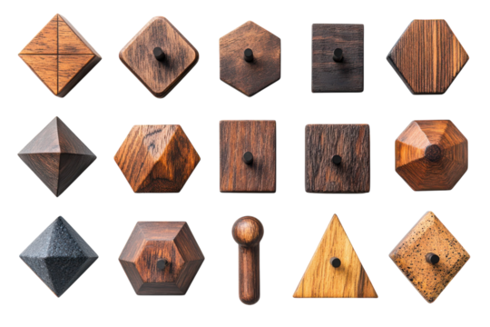 Geometric Wooden Wall Hooks A Collection of Unique Shapes and Dark Wood Tones Perfect for Modern Home Decor Adding a Touch of Rustic on transparent background